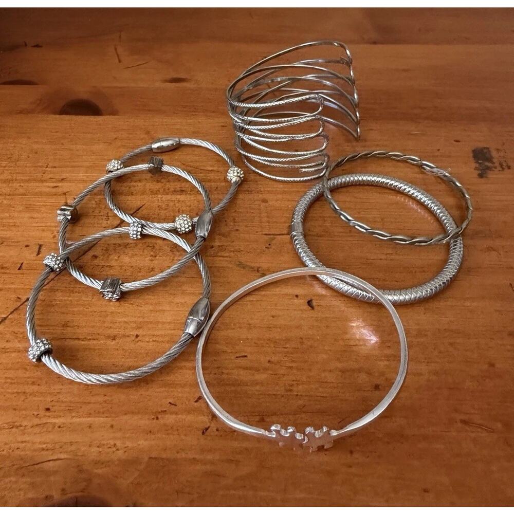 Silver Tone Bracelet Bundle Cable Cuff Bangle Stack Fashion Jewelry Mixed Lot